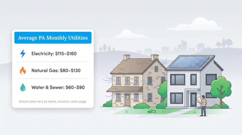 Average monthly utility costs in Pennsylvania for electricity, natural gas, and water and sewer.