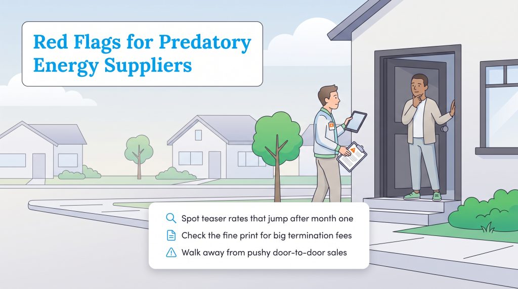 A door-to-door salesperson pitching energy services to a homeowner at their front door.