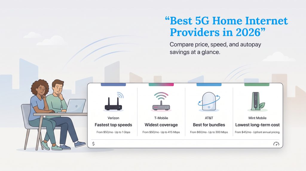 Comparison of Verizon, T-Mobile, AT&T, and Mint Mobile 5G home internet features.