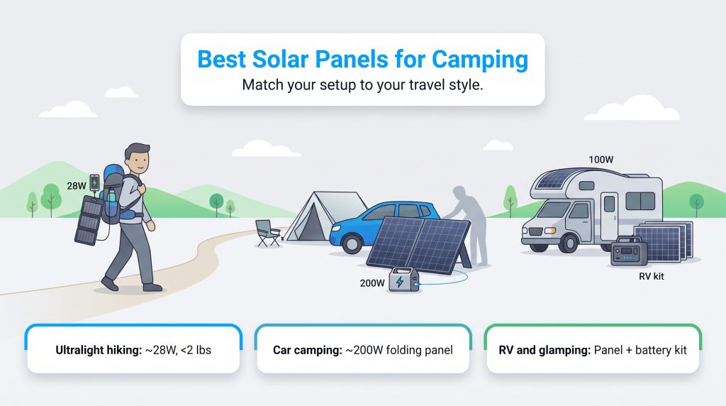 Comparison of solar panel setups for hikers, car campers, and RV owners