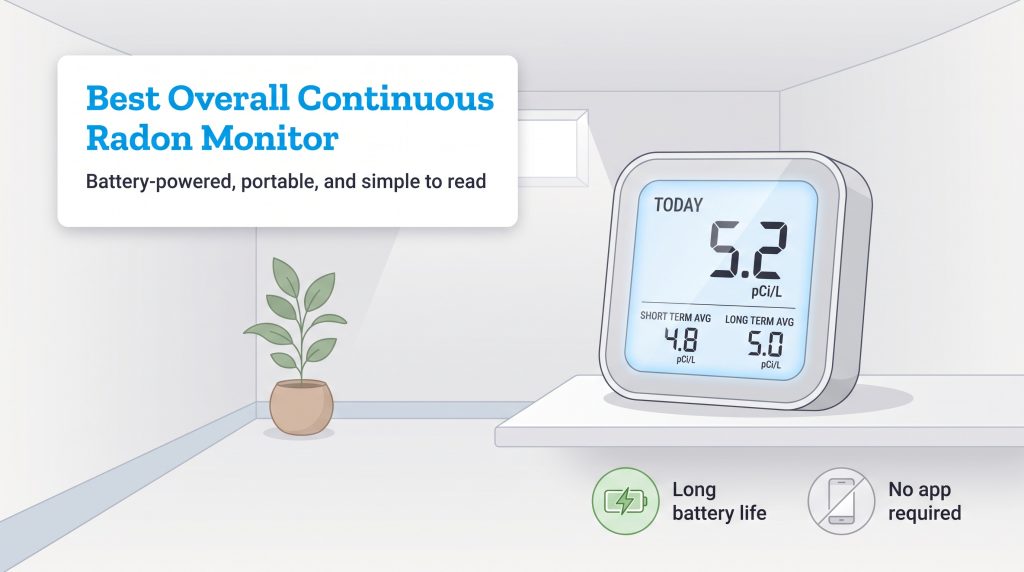 Illustration of the Airthings Corentium Home radon monitor displaying data and key features.
