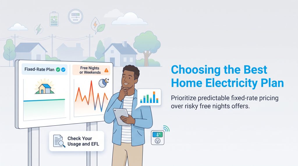 Man comparing stable fixed-rate electricity plans versus volatile free nights offers