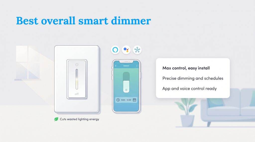 Illustration of a smart dimmer switch next to a smartphone app showing scheduling features.