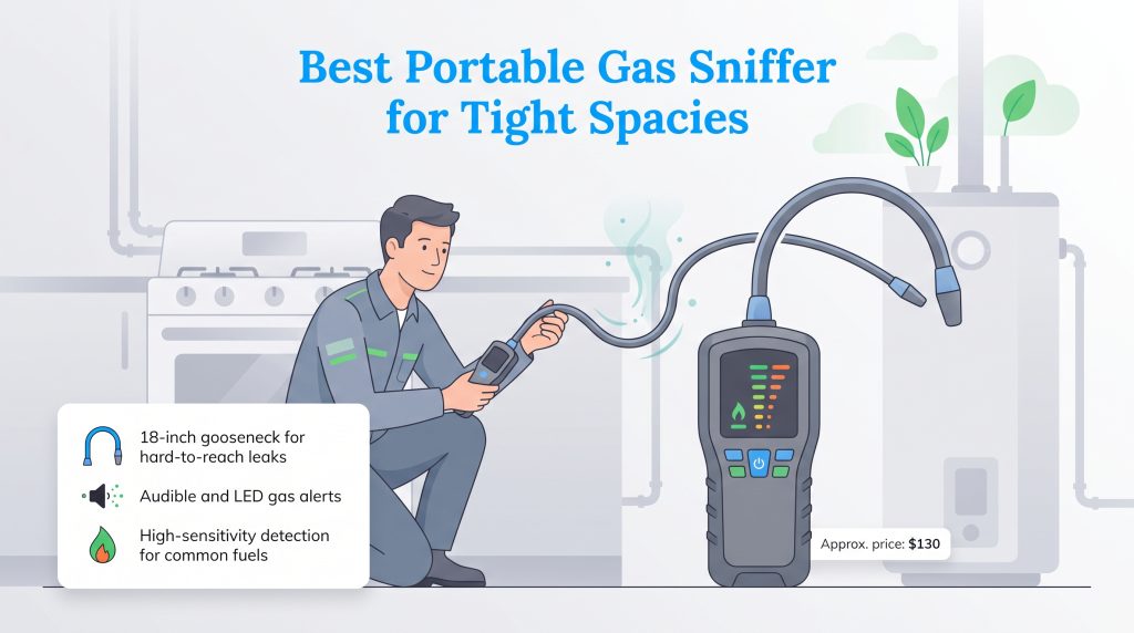 Technician using a portable gas detector with a flexible gooseneck probe near appliances.