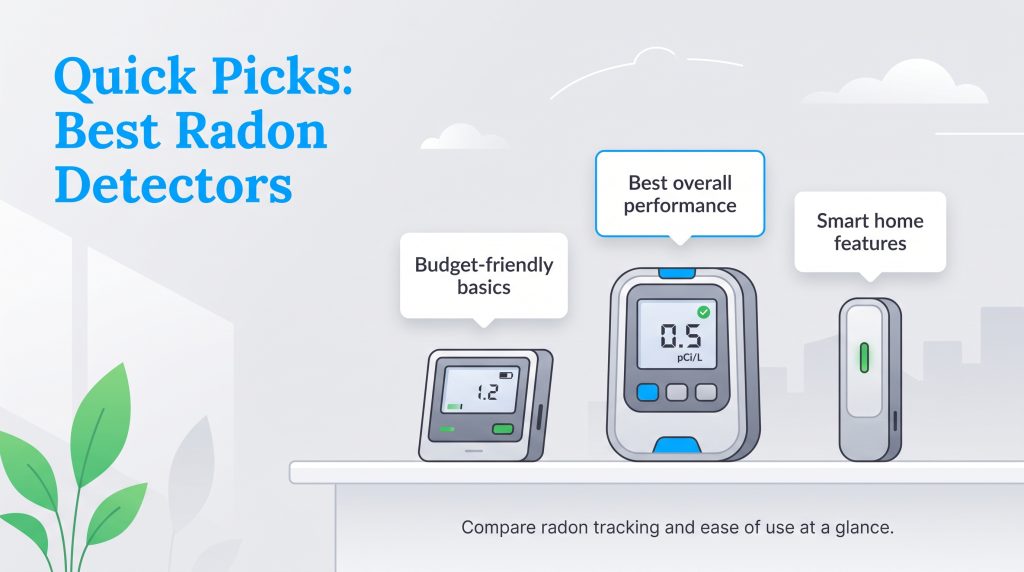 Comparison of three labeled radon detectors: budget-friendly, best overall, and smart home features.