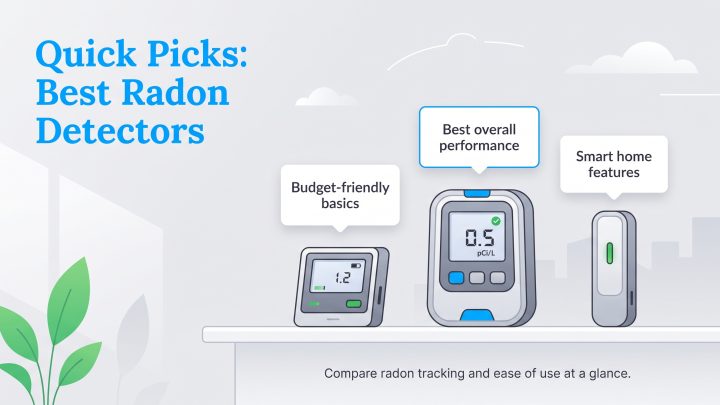 Comparison of three labeled radon detectors: budget-friendly, best overall, and smart home features.