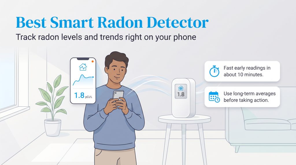 Infographic of a man using a smartphone to track radon levels from a smart detector, showing fast readings and long-term averages.