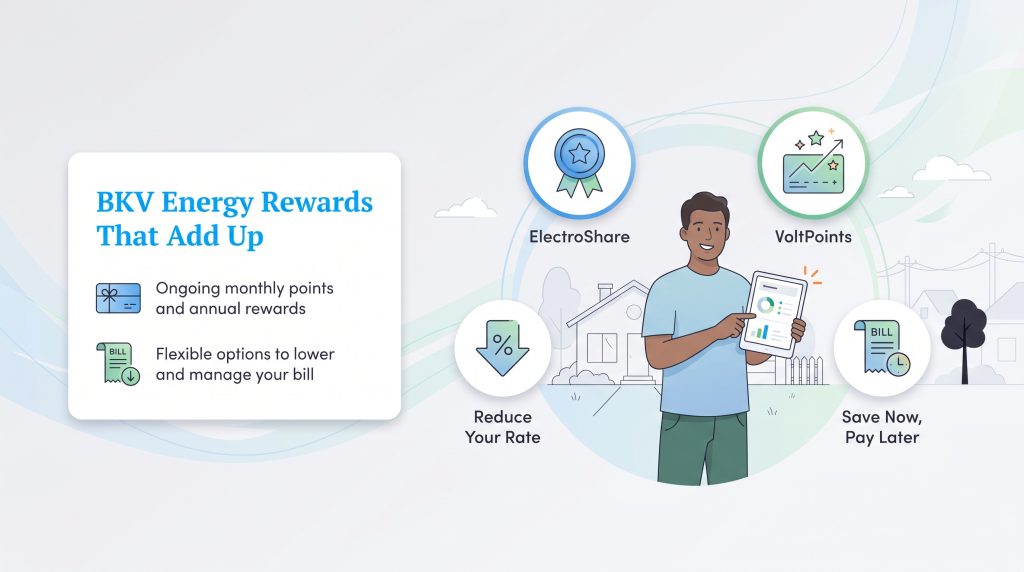 An infographic of BKV Energy rewards including ElectroShare, VoltPoints, and bill reduction.