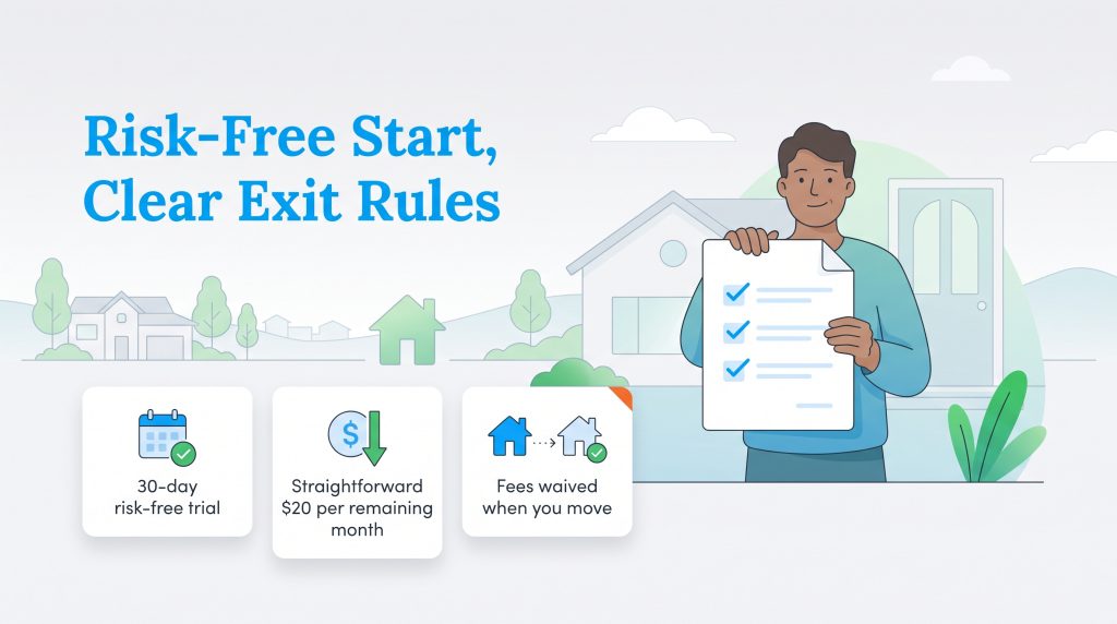 Infographic showing BKV Energy risk-free trial and clear early termination rules.