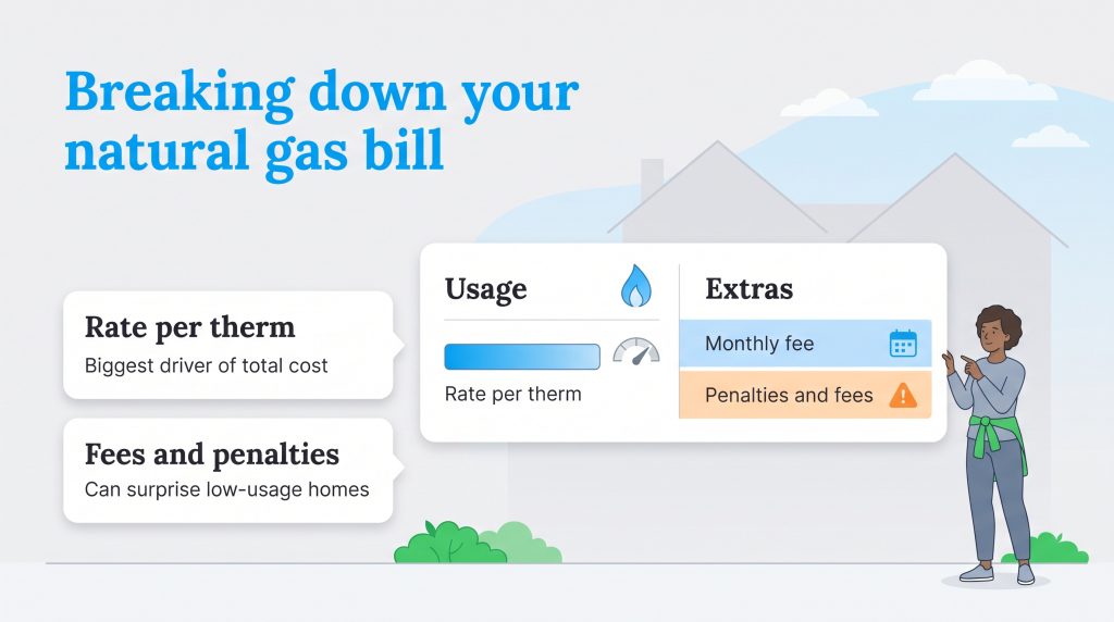 Diagram breaking down natural gas bills into rate per therm, monthly fees, and penalties.