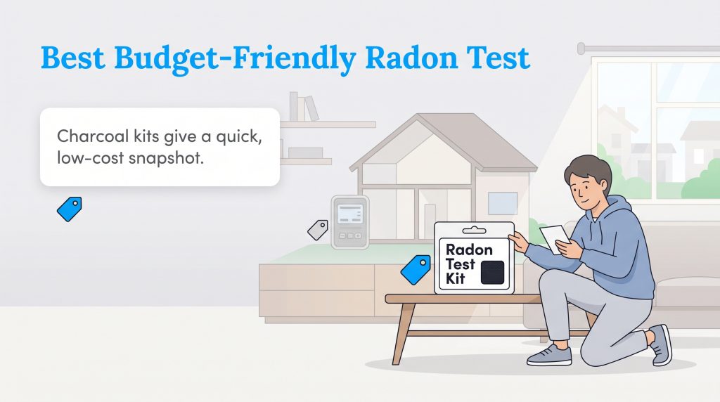 Illustration shows a man holding a charcoal radon test kit, labeled as a quick, low-cost snapshot.