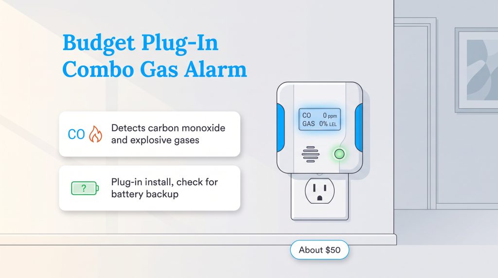 An illustration of a budget plug-in combo gas alarm plugged into a wall outlet.