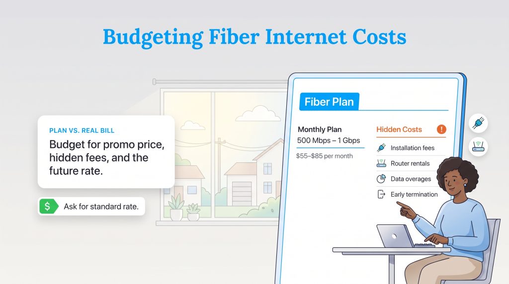 Graphic detailing fiber internet costs highlighting monthly plans and potential hidden fees