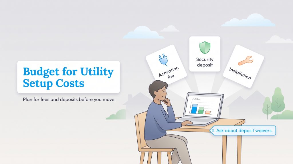 Illustration of a man budgeting for utility activation, security deposit, and installation fees.