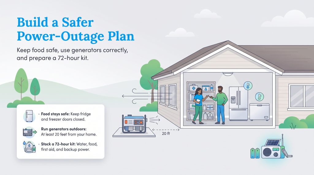 Illustration of a home with a generator outside, 20 feet away, and a couple inside with emergency supplies. A text box lists tips for food safety, generator use, and a 72-hour kit.