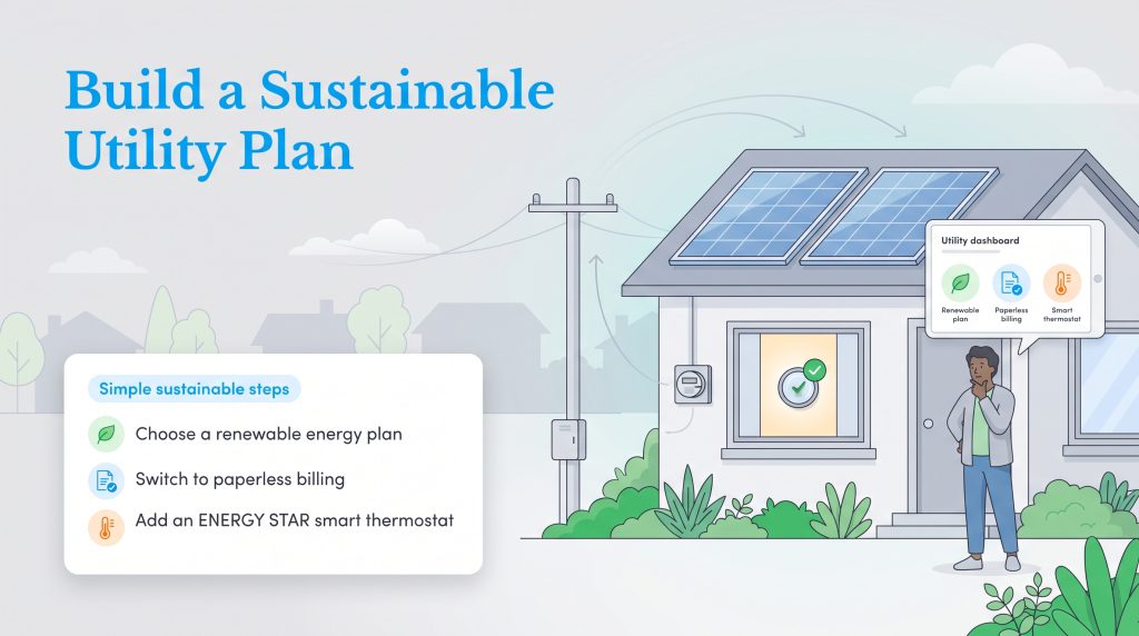 Illustration of a house with solar panels and a list of simple sustainable utility steps.