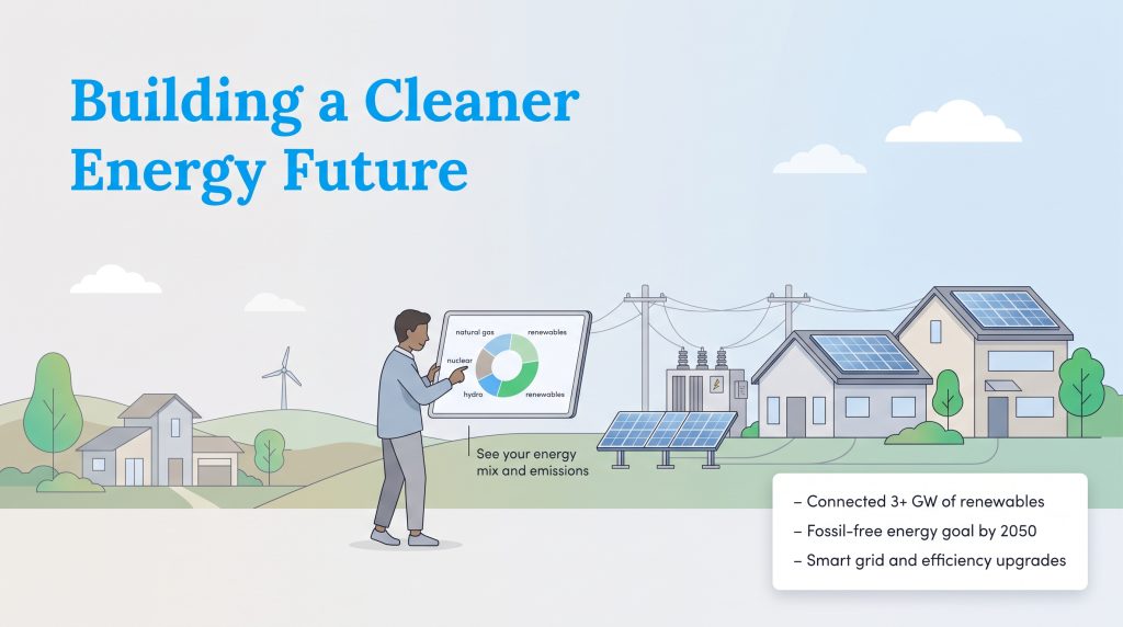 Illustration of a person checking their energy mix next to houses with solar panels