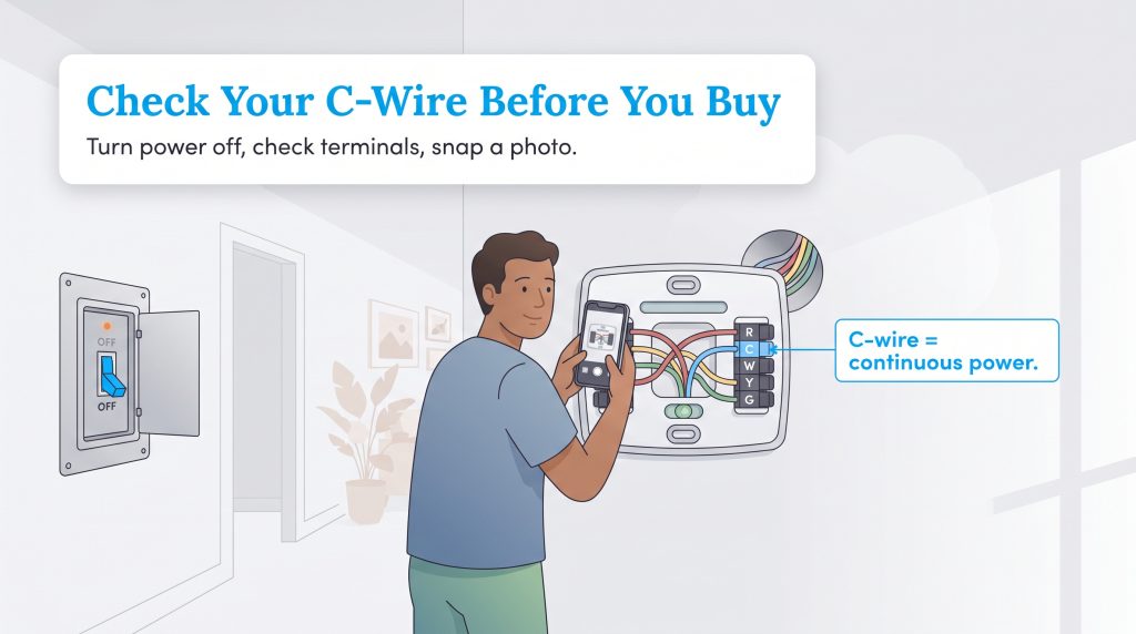 Man photographs thermostat wiring, highlighting the connected C-wire terminal, with power switched off.