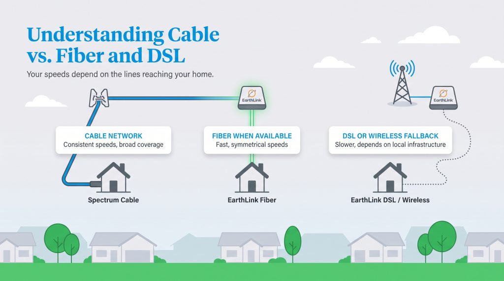 Diagram comparing cable, fiber, and DSL connection methods to residential homes.