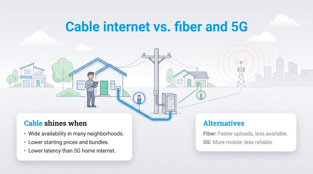 Graphic comparing the pros and cons of cable internet versus fiber and 5G alternatives