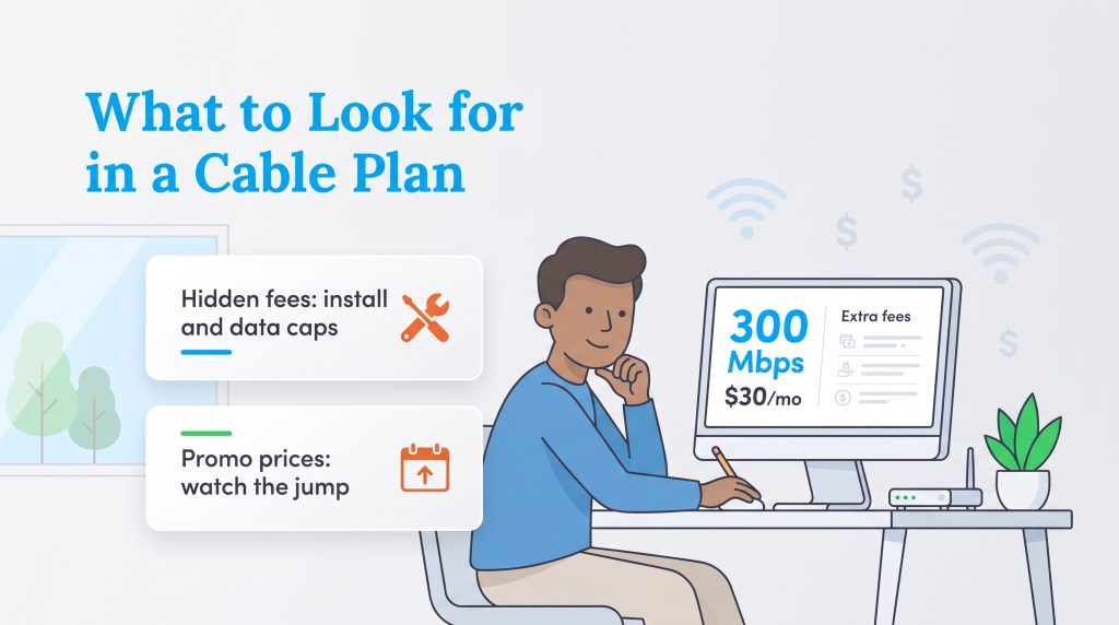 Illustration of a person reviewing hidden fees and promotional price jumps on a cable plan