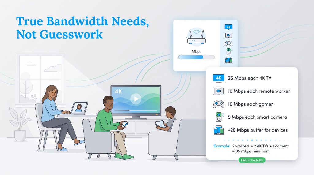 Infographic showing a family using devices and a checklist to calculate bandwidth Mbps needs.