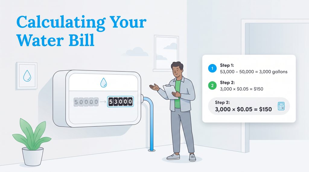 Illustration of a man checking a water meter with step-by-step bill calculations.