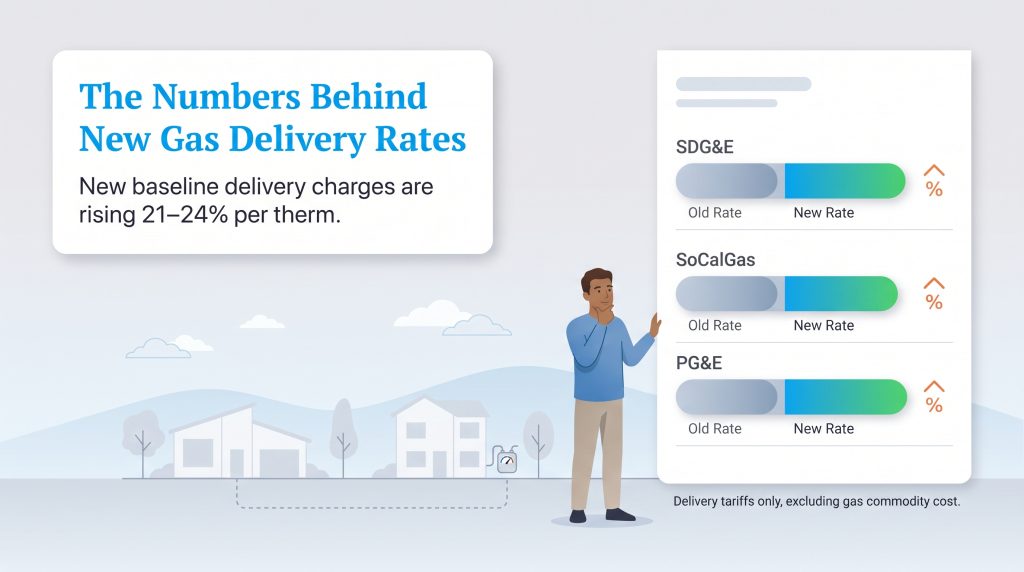 Infographic illustration showing new California gas delivery rates increasing 21-24% per therm for SDG&E, SoCalGas, and PG&E.