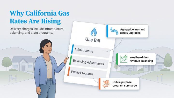 Infographic shows a person pointing to a gas bill, with callouts explaining the main charges.