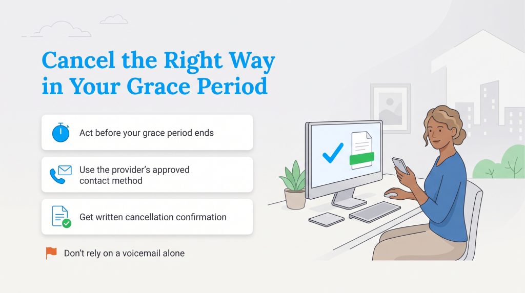 Illustration showing steps to successfully cancel a contract during the grace period.