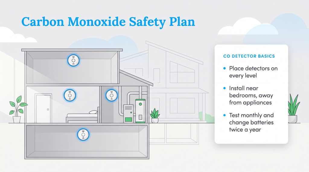 Infographic showing correct CO detector placement in a home and listing maintenance basics.