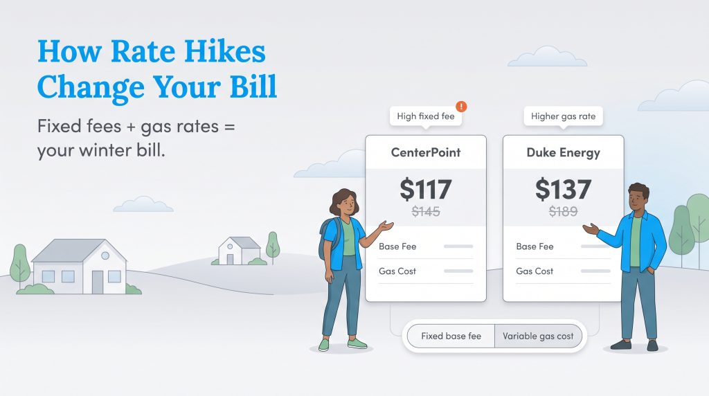 Comparison of CenterPoint's high fixed fee bill and Duke Energy's high gas rate bill.