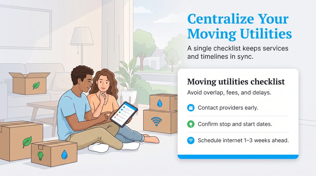 A couple looking at a checklist on a tablet while sitting on the floor near moving boxes.