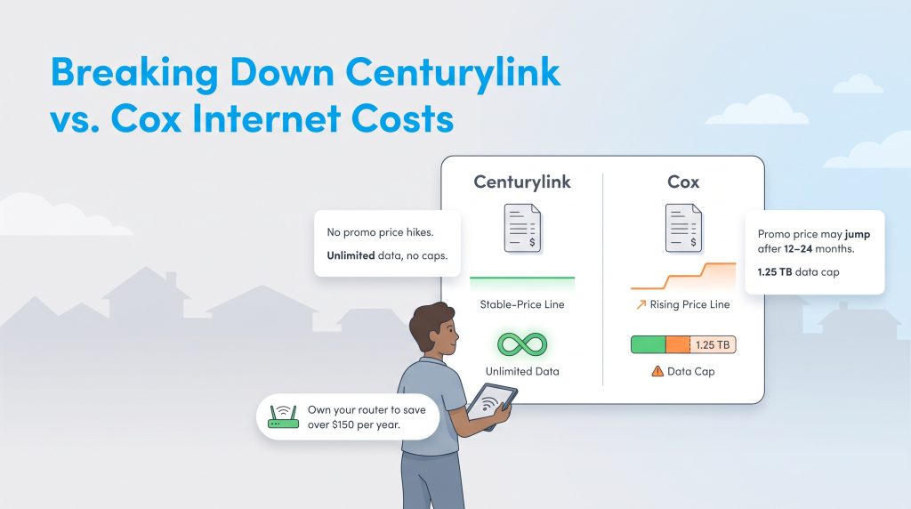 Comparison of CenturyLink and Cox internet costs, highlighting pricing stability and data caps