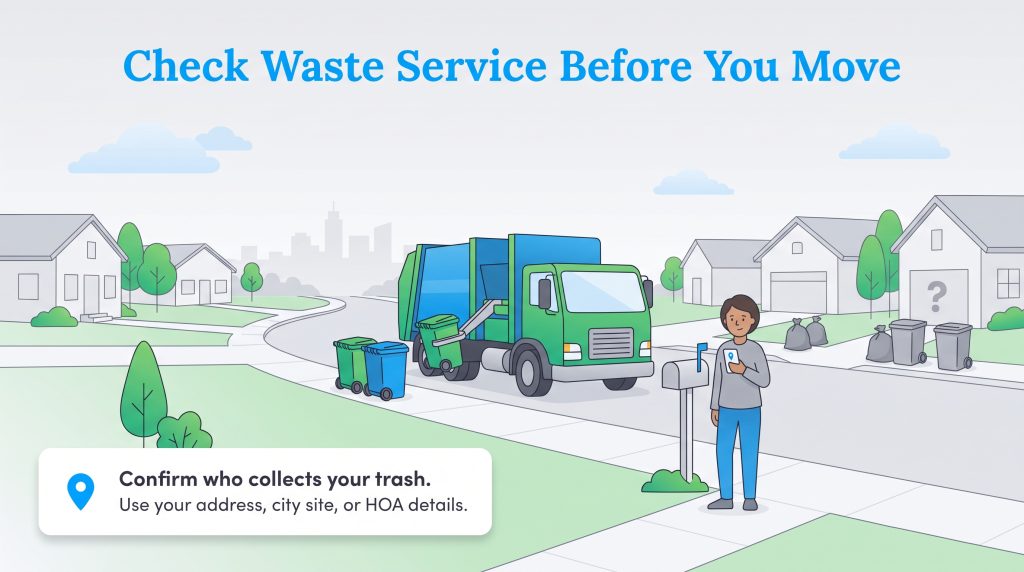 A person by a mailbox uses a phone as a garbage truck collects bins. A note says to confirm the trash collector.