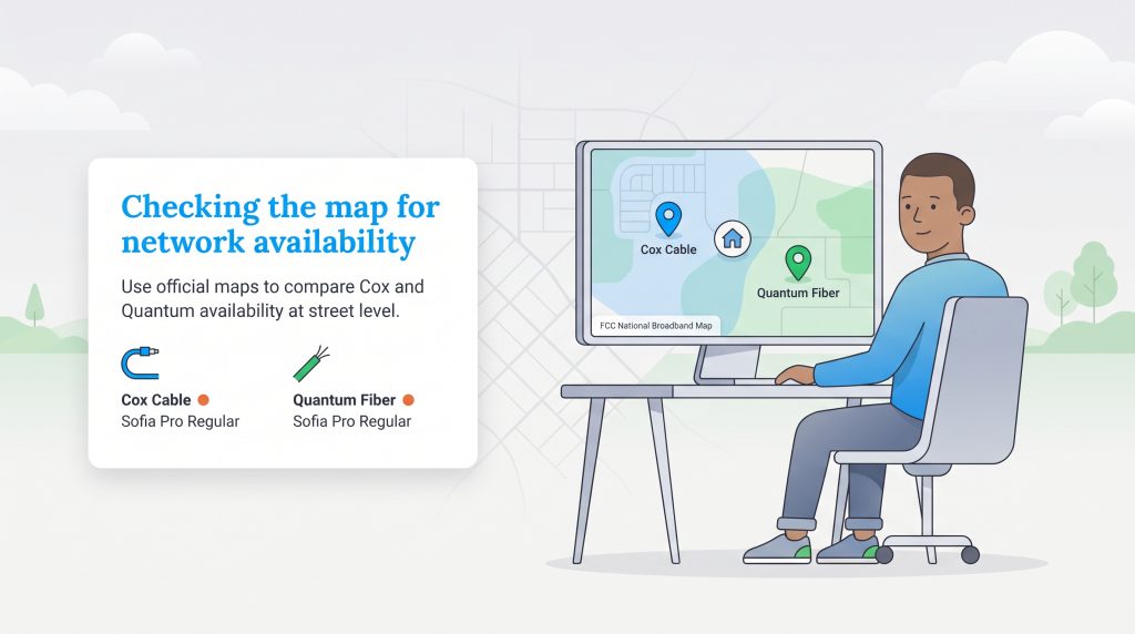 Illustration of a person checking a broadband coverage map on a computer screen