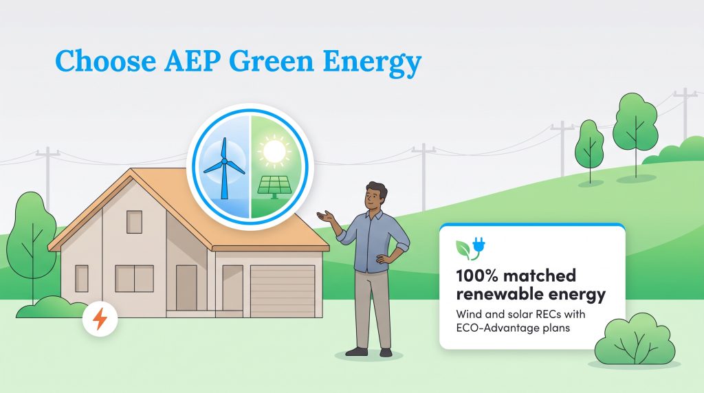 Illustration of a house with wind and solar icons representing green energy options