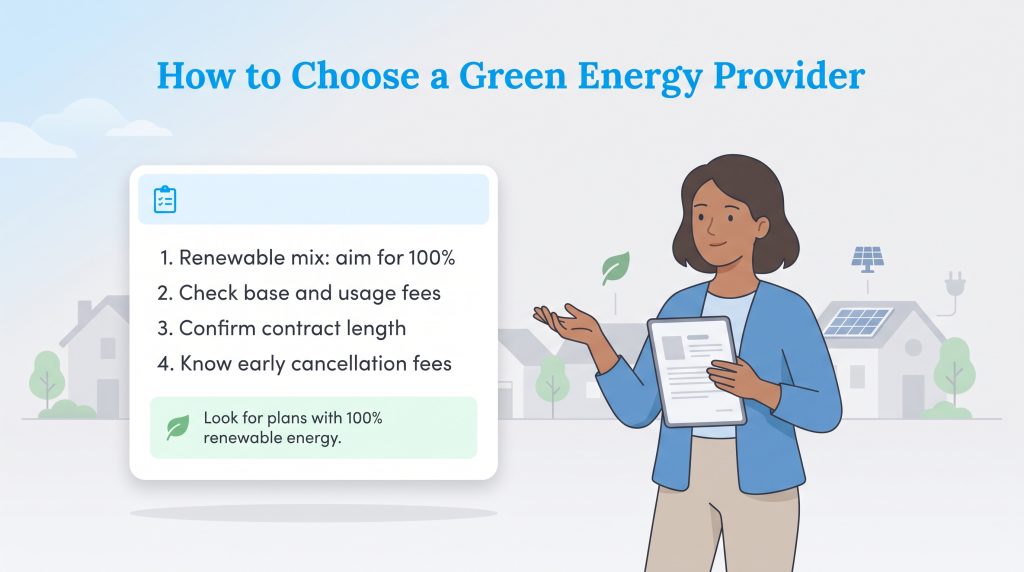A checklist for choosing a green energy provider, presented by an illustrated woman.
