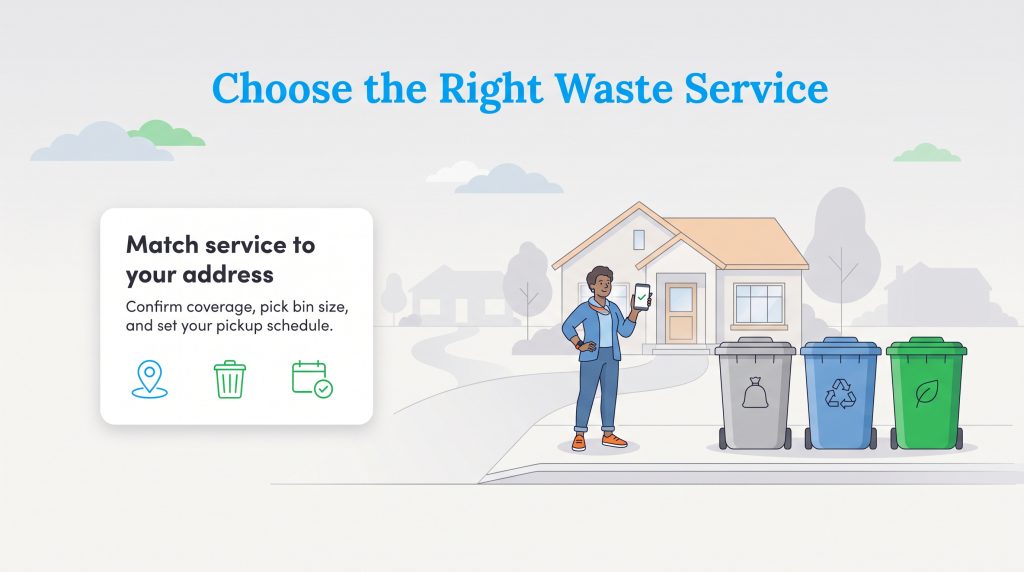 A person outside a home with three waste bins and a phone, showing a waste service setup screen.
