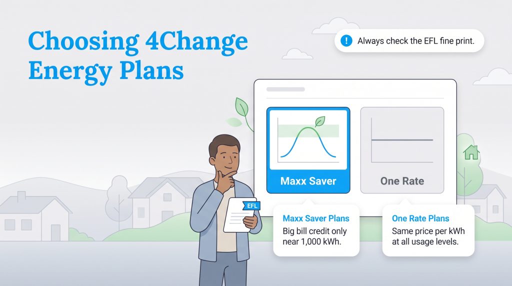 Illustration comparing Maxx Saver and One Rate plans from 4Change Energy.