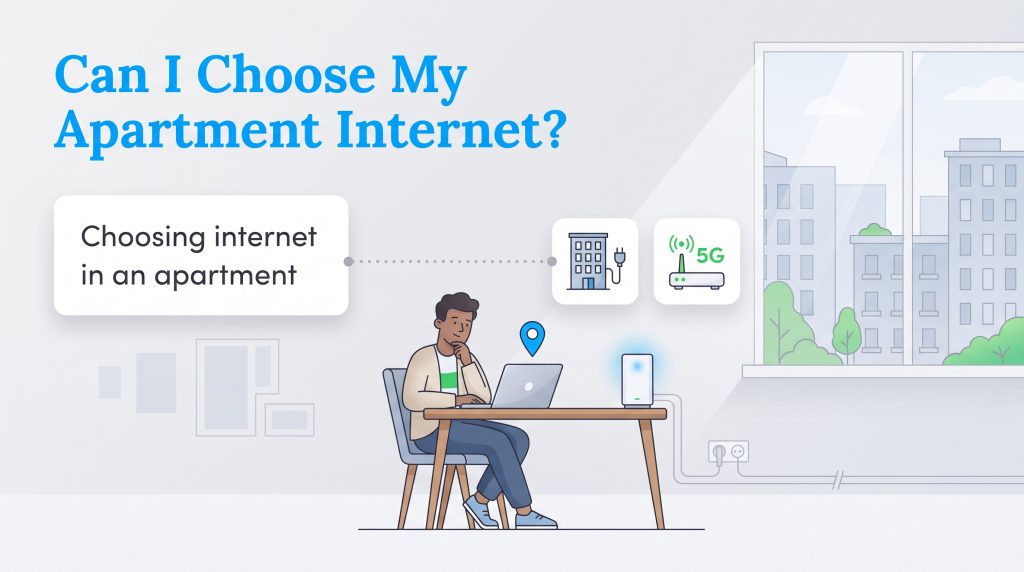An illustration of a person researching apartment internet options on their laptop