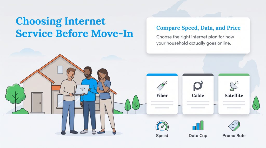 Illustration of people comparing fiber, cable, and satellite internet options for their home.