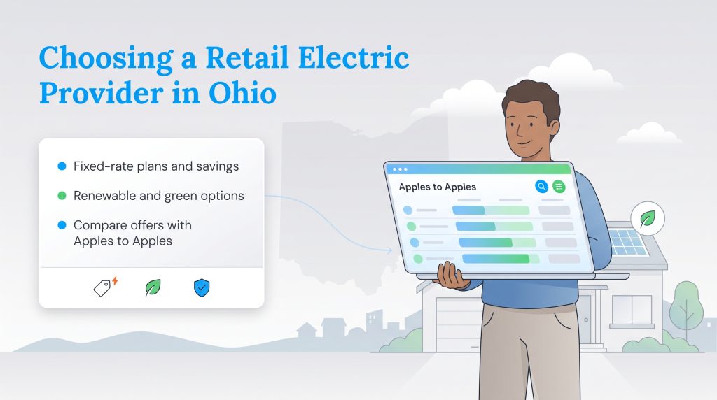 Man holding a laptop displaying Ohios Apples to Apples energy comparison tool.