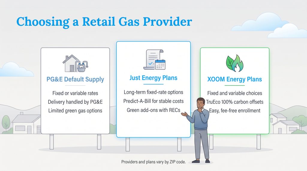 Comparison of PG and E, Just Energy, and XOOM Energy retail gas plans.