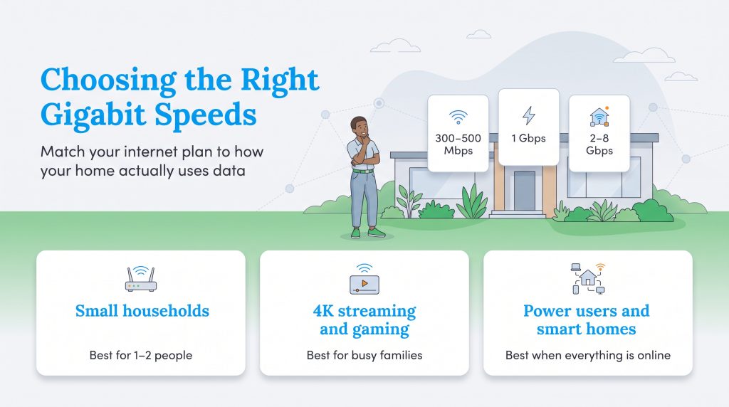 Guide explaining how to choose the right gigabit internet speed based on household needs