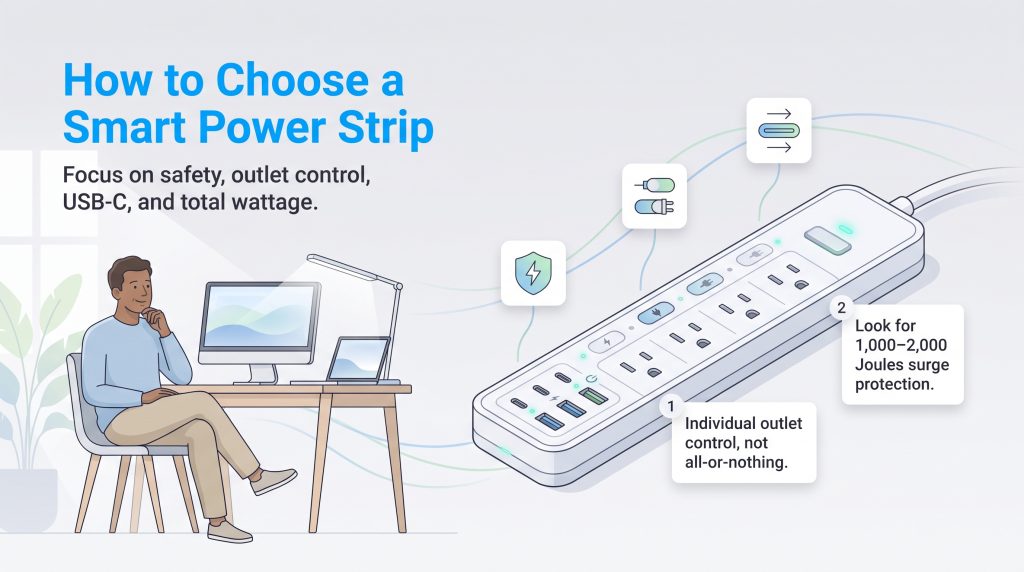 Man at desk looking at a smart power strip with key features highlighted