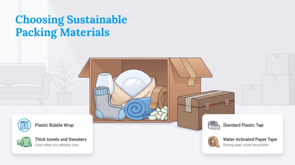 Eco-friendly packing alternatives replacing plastic bubble wrap and standard tape