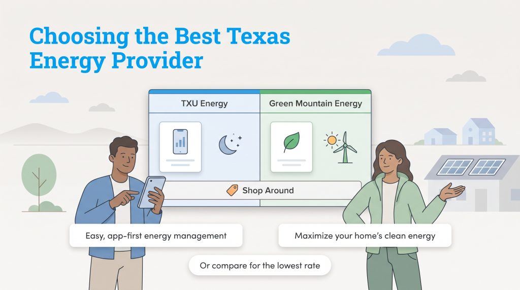 Diagram comparing TXU Energy app-based plans with Green Mountain Energy renewable plans.