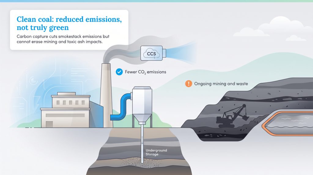 Illustration contrasting CCS reducing CO2 emissions with the ongoing impacts of mining and waste.