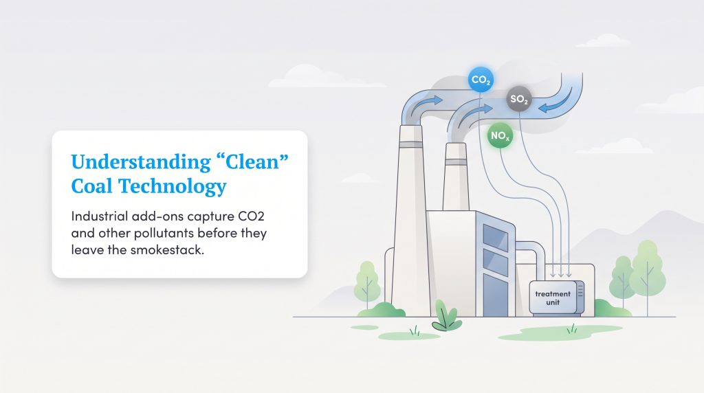 Diagram showing a factory with a treatment unit capturing CO2, SO2, and NOx before they exit the smokestacks.